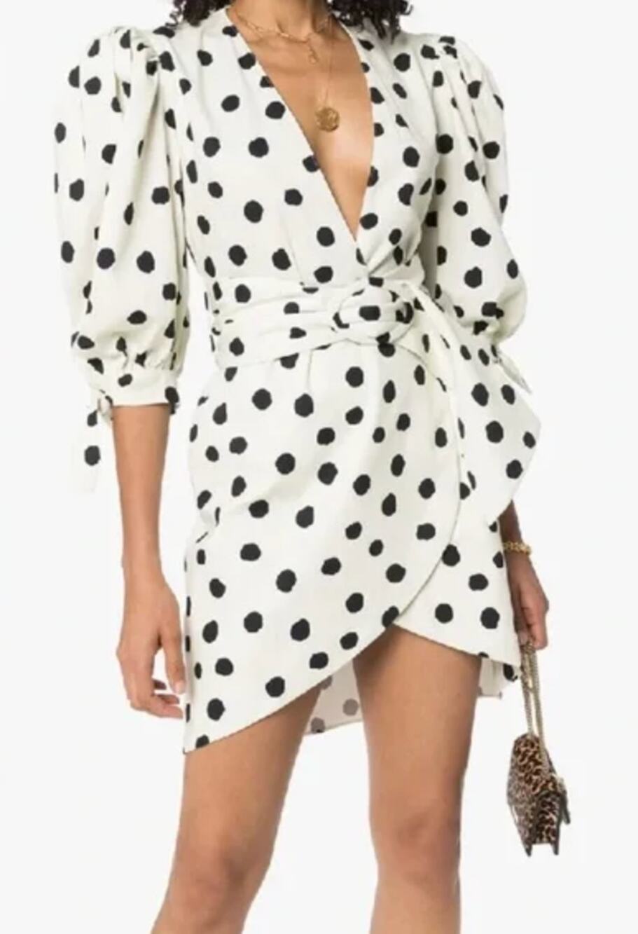 Adriana Degreas White Polka Dot Deep V Neck Belted Wrap Mini Dress Size Medium